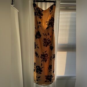 Beige with Black Floral Pattern Halter Dress. Side Slit and Back Zipper